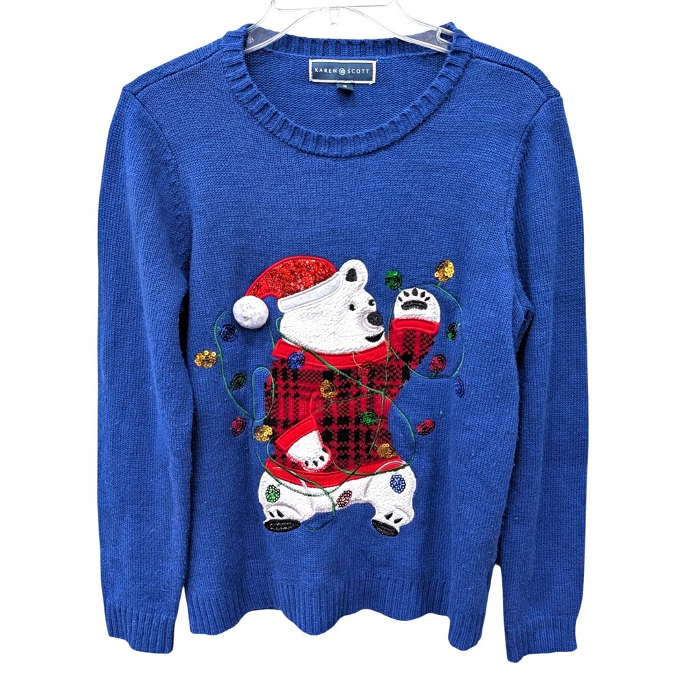 Classic Christmas Women's Blue Polar Bear  Sweater‎ Sequin Santa Novelty- M